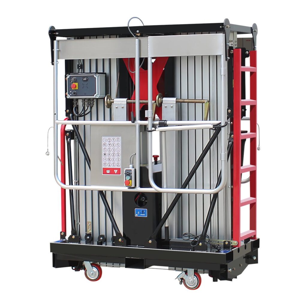 Double mast aluminium alloy lift with outriggers extended