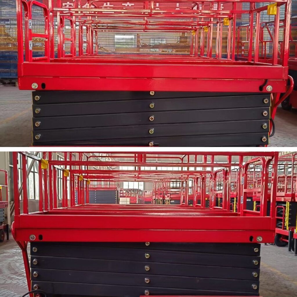 Mobile scissor lift with outriggers extended and platform view