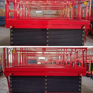 Mobile scissor lift with outriggers extended and platform view